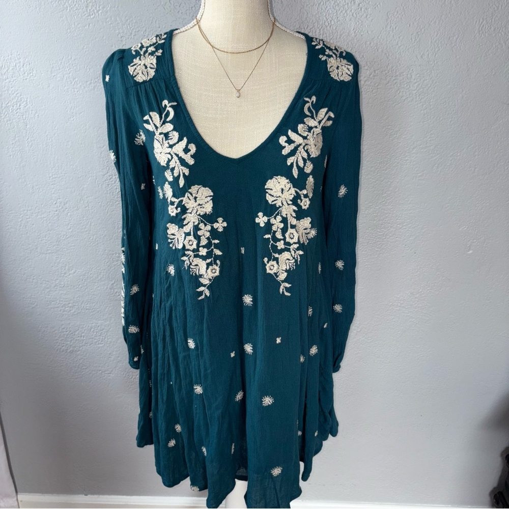Free People Teal Embroidered V-Neck Long Sleeve Mini Dress Small